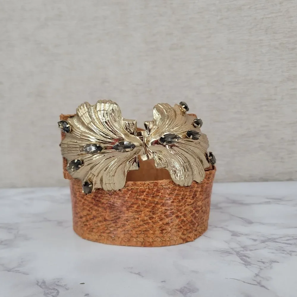 Vintage Snakeskin Leather Belt with Gold Toned Shell Buckle with Smokey Gems